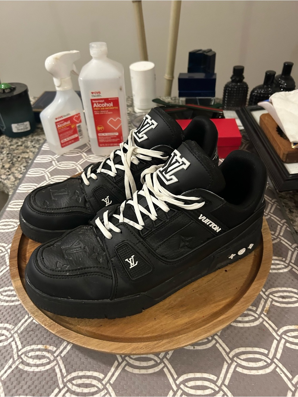 Louis Vuitton Black Leather Low-Top Sneakers with White Laces